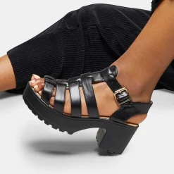Black Chunky Platform Cleated Strappy Sandals<KOI footwear Best