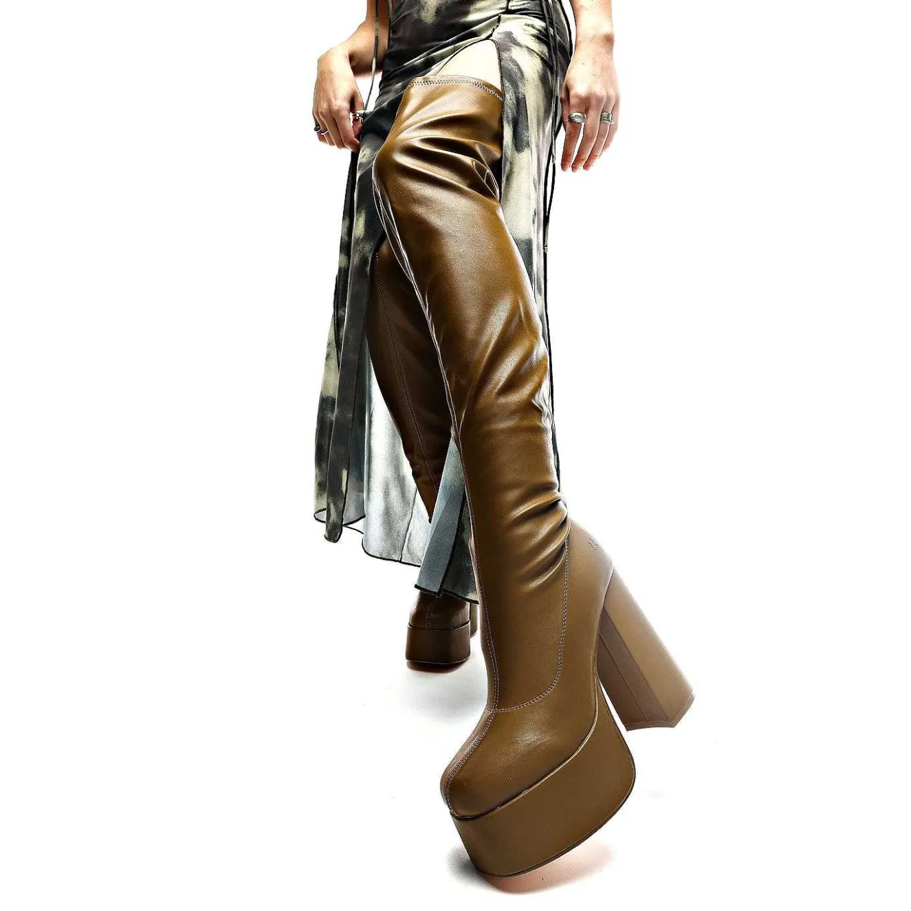 The Redemption Stretch Thigh High Boots - Khaki<KOI footwear Online