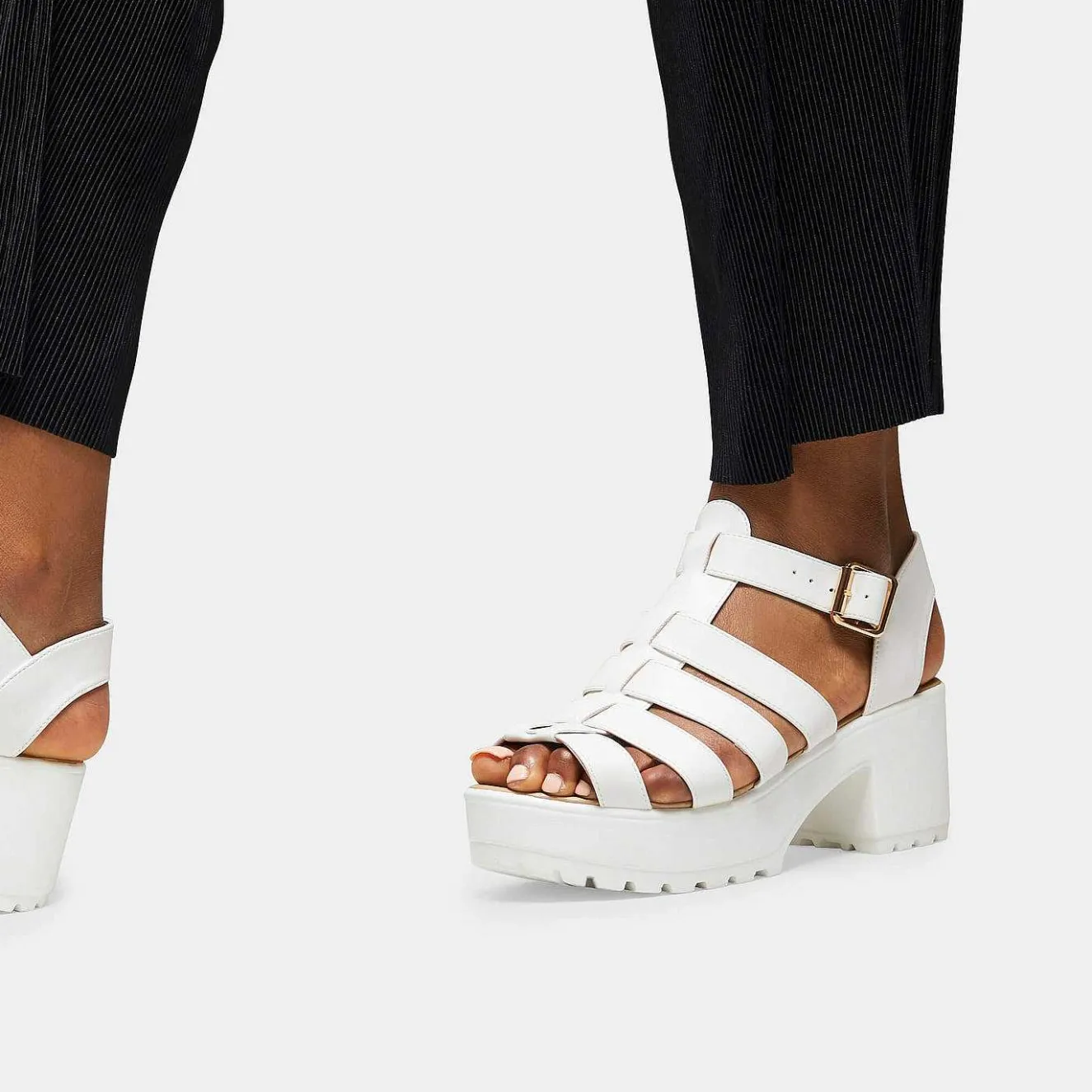 White Chunky Platform Cleated Strappy Sandals<KOI footwear New